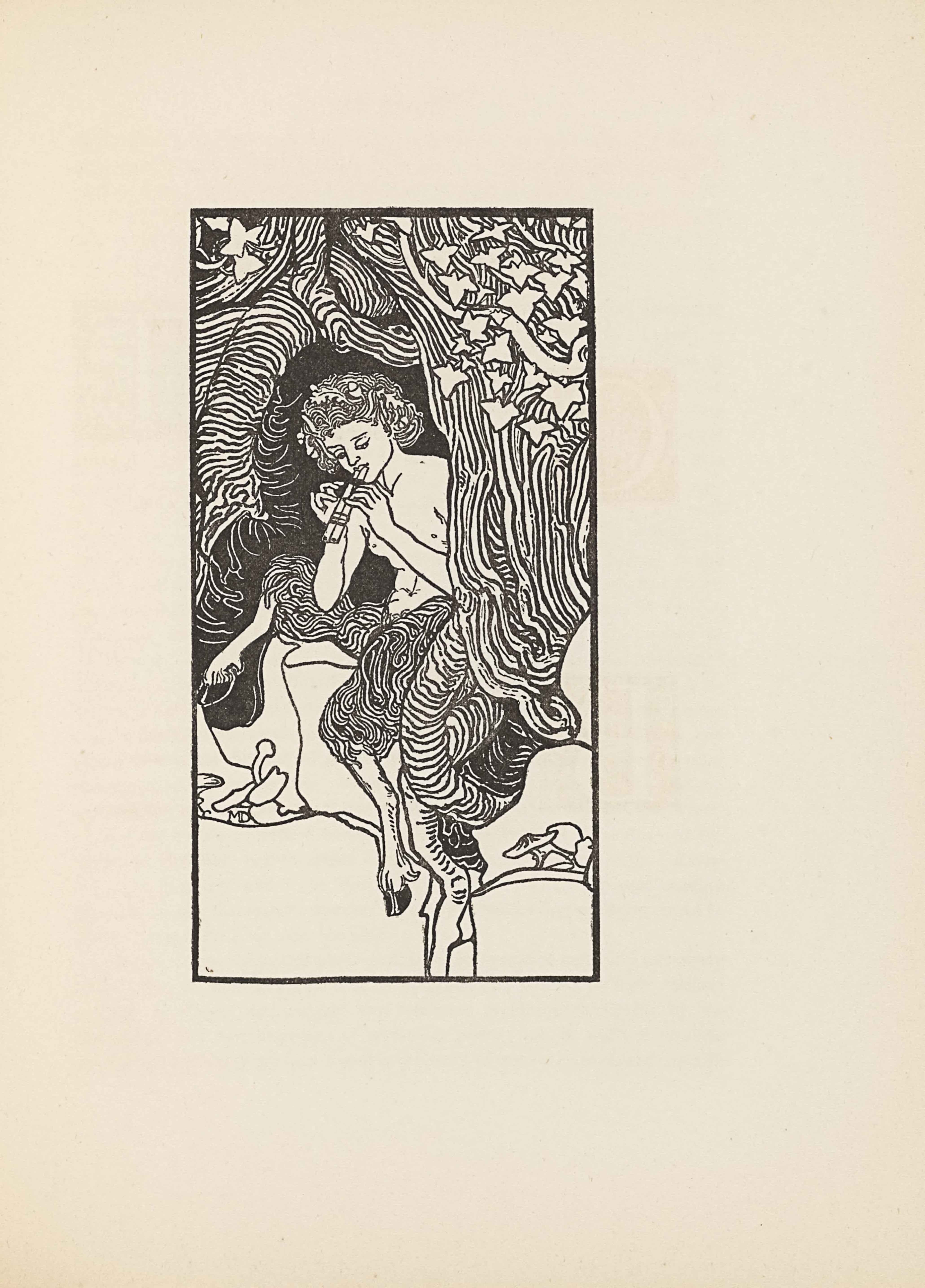 The line-block reproduction of Mabel Dearmer’s pen-and-ink drawing is bordered by a rectangular box in portrait orientation. The illustration is of a satyr or faun sitting on a stump in the hollow of a tree. He has a wreath of leaves in his hair and is playing panpipes. The tree has roots that spiral around the satyr and descend into the ground by his left hoof. There are mushrooms on both sides of the the trunk, sprouting from the ground. The artist’s initials are tucked under a mushroom on the left side of the page, they read: “MD” [caps]. In the bottom third of the image is open space. The surrounding tree is composed of distinct lines that often run parallel to one another. In the top third of the illustration, the wood is covered in white ivy leaves.