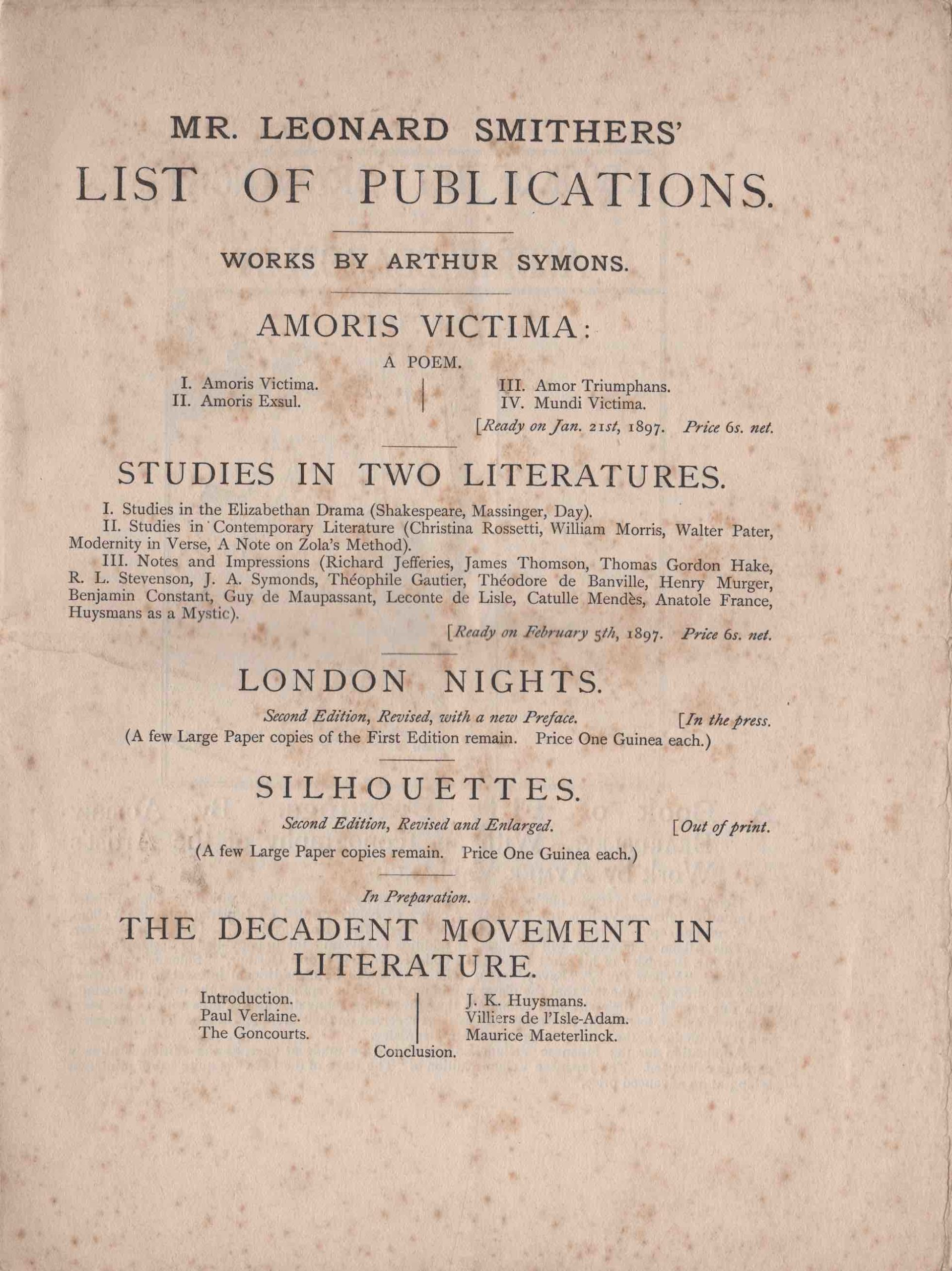 Mr Leonard Smithers' List of Publications