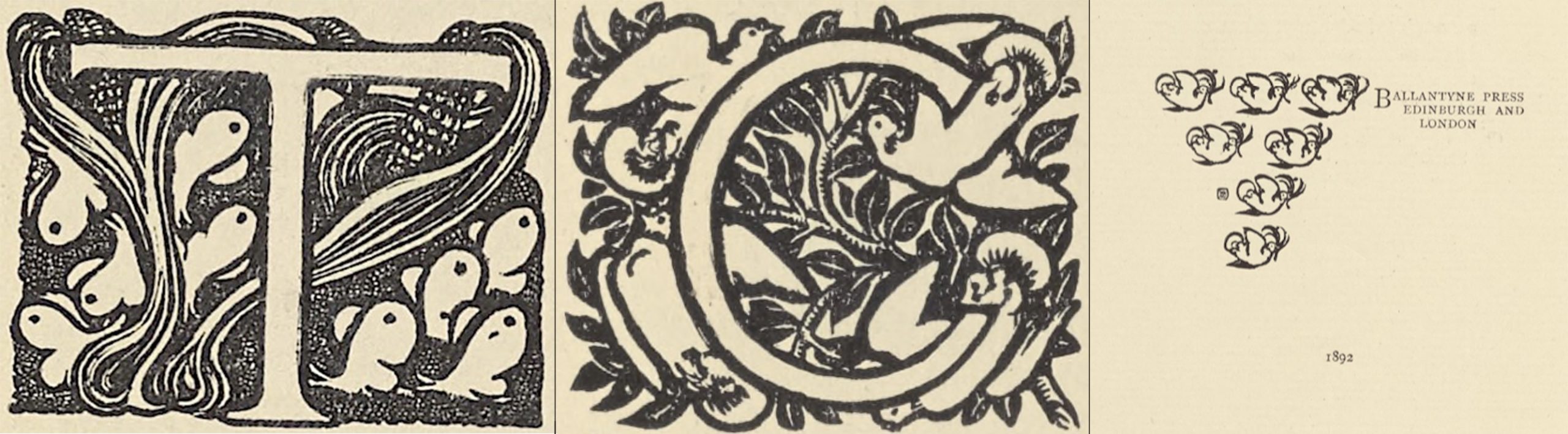 Figure 7. Two of Charles Ricketts’s illuminated initials for Volume 2                        and the Ballantyne Press Colophon