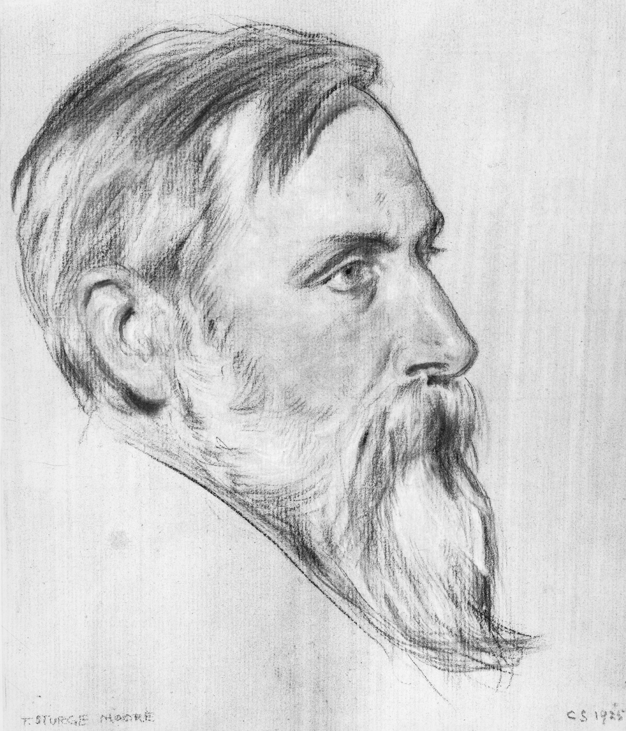 Thomas Sturge Moore is shown in right profile gazing forward. His head, located in the dominant foreground of the portrait, is angled slightly to the right so that the outline of his left eyebrow and eye are visible. His hair is parted on the left and sweeping over to the right side of his face, casting a light shadow on his forehead. His hair line blends into his heavy moustache and long beard which protrudes downward and covers his neck. Sturge’s shoulders are not depicted, but he appears to be wearing a white collared shirt. The portrait is shaded in light and dark grey tones. “T. Sturge Moore” is written in small capitalized letters on the bottom left of the image, and “CS 1925” is signed on the bottom right.