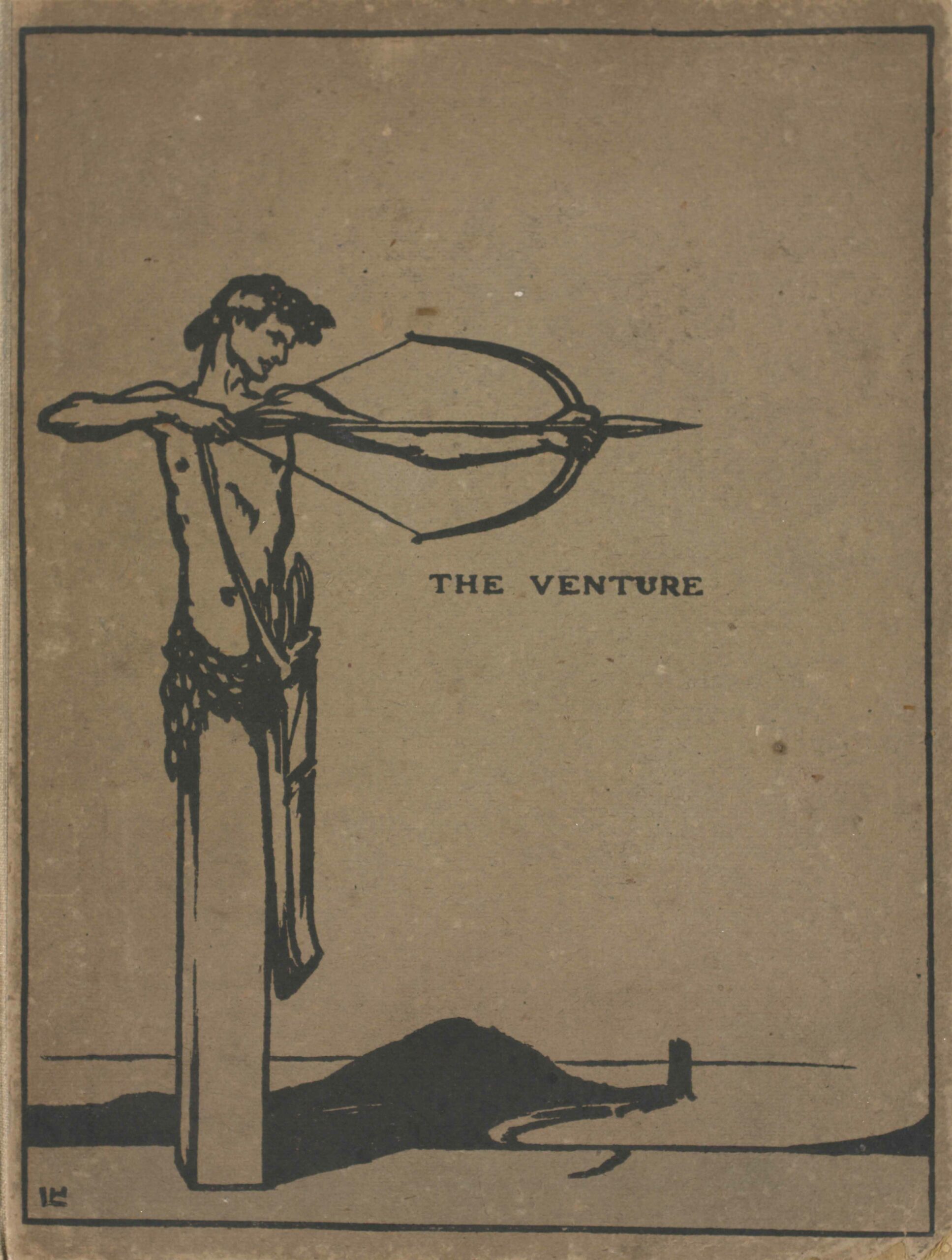 The image is in portrait orientation and positioned on the left to fit the length of the cover. The image is printed in black on brown boards. Atop a rectangular column, the upper body of a man with short, dark hair is positioned upright and facing forward (such a column is called a herm). The man’s head is turned to the right and slightly downwards. He is drawing an arrow; he is using his left arm to balance the bow and his right hand to pull the arrow back. The man is wearing a small knotted fabric on his waistline and a strap across his chest is attached to a bag or quiver with arrows. In the background there is a dark coastline receding towards the left side of the image, a dock at its end, and the outline of a large hill. The man’s shadow is on the right ground beneath him. “The Venture” is transcribed in small capital letters at the center of the image, just below the figure’s bow.