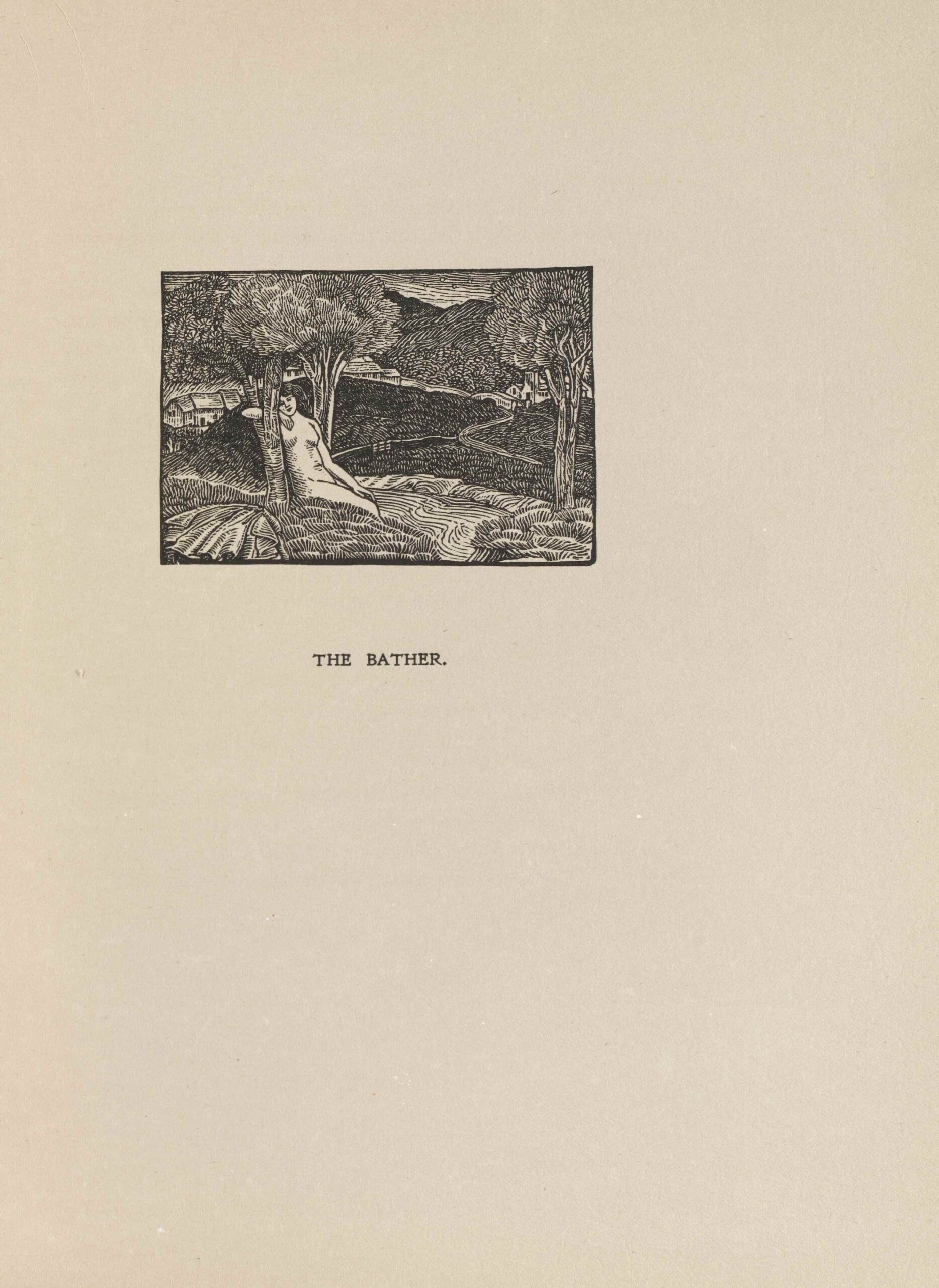 The image is in landscape orientation and is centered in the upper third of the page. The image is printed in black ink. In the left foreground, a naked woman is seated on a hill with crossed legs. She is leaning on a tree and is resting her head on her arm which is propped up against a branch. The area around her is a hilly landscape with a small stream of water running from the center foreground to the left background. Two large trees stand on each side of the running water. One slightly smaller tree is depicted behind the woman. There are two roads entering the image on the right which lead to the bridges and row of houses in the background. In the far background distance are high hills of grass and plant life, and clouded skies.