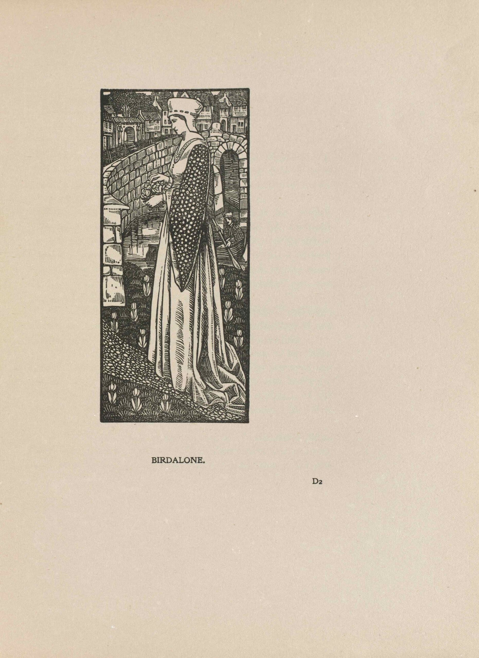 The image is in portrait orientation and is centered in the upper region of the page. In the foreground, a tall adult woman on a stone pathway. Only her left side-profile is visible. The woman is holding three flowers with short stems in her hands and is looking downwards towards them. She is wearing a white head garment and a long gown which trails behind her. The gown is lightly coloured and is decorated with spotted dark long sleeves. The woman is standing on a pathway which is surrounded by a garden of neatly trimmed grass and small flowers. In the background, a stone bridge curves from the left side of the image to the right, leading over a small stream towards a street of trees and buildings in the far distance. Beneath the bridge there is a man on a small paddle-boat. He is wearing a small hat and a speckled robe. The man is holding a wooden paddle and is looking in the direction of the woman in the foreground. The image is printed in black ink.