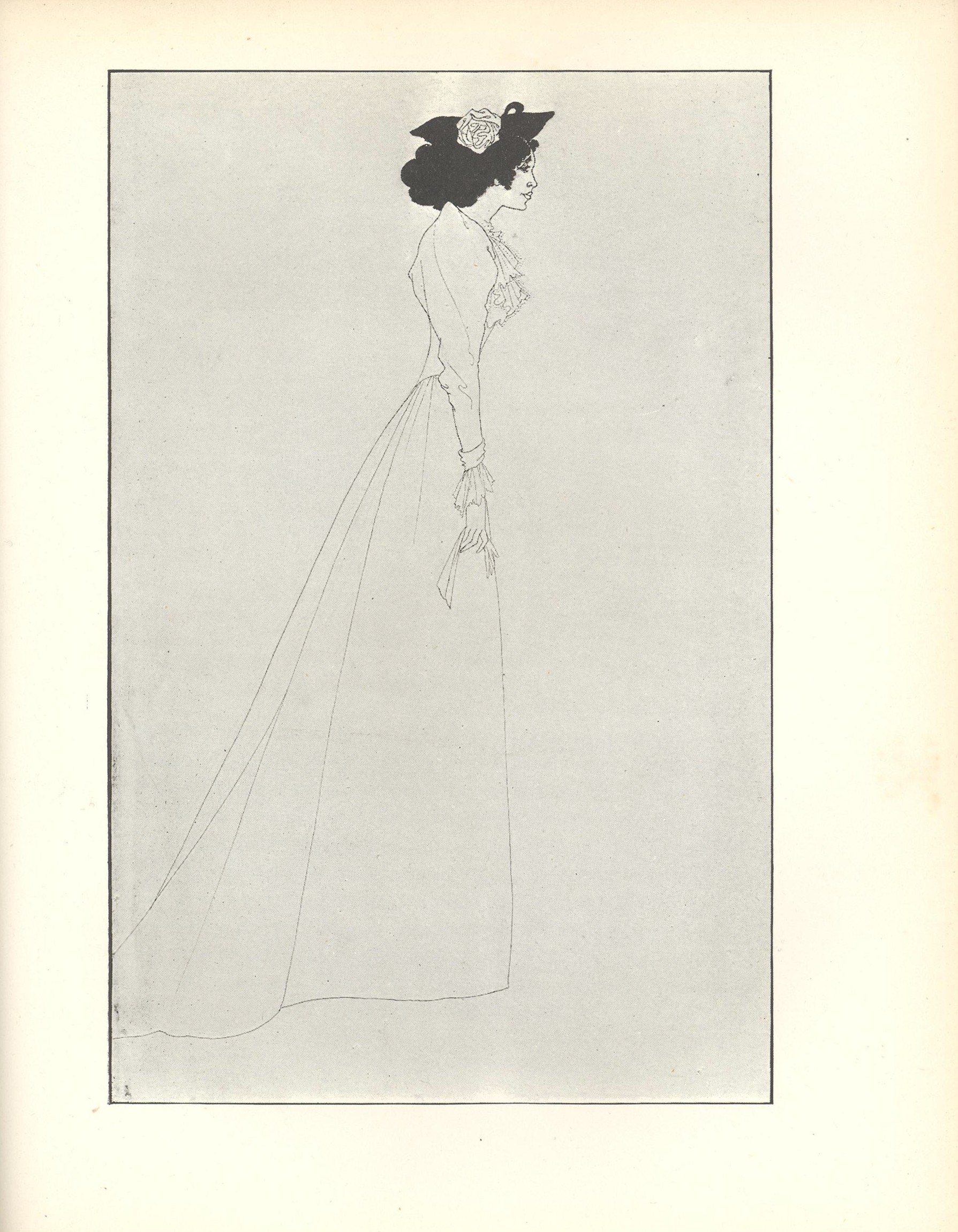 Image is of a full length woman standing in profile looking right Except for her black hair and hat her form is suggested with the lightest of lines Her body extends from nearly the top of the frame to the bottom dividing the space in half vertically She is wearing a small black hat with a large white rose a white dress with a lace jabot and puffed sleeves with lace cuffs She is carrying a white glove in her right hand The background is open and light coloured The image is vertically displayed