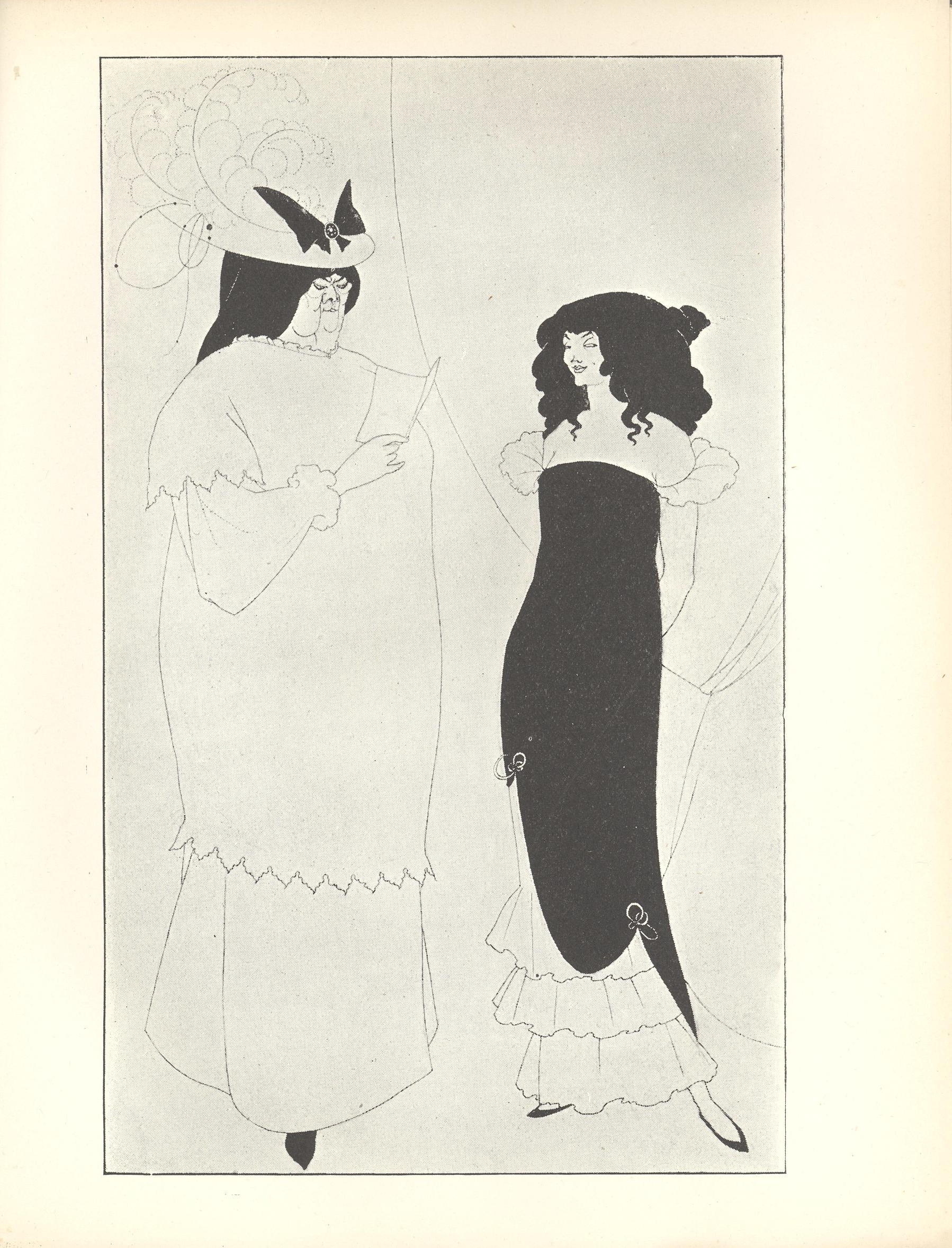 Two full length women face each other in front of a theatrical curtain This curtain is in the middle ground and takes up 1 3rd of the image The curtain is positioned behind the younger woman dividing the image in half vertically To the left there is an older larger woman with black hair who fills almost the entire left side She is wearing an elaborate hat and reading a book to a smaller young woman to her right This young woman is wearing an off the shoulder black evening dress standing with her hands behind her back and looking sideways to the right The image is vertically displayed