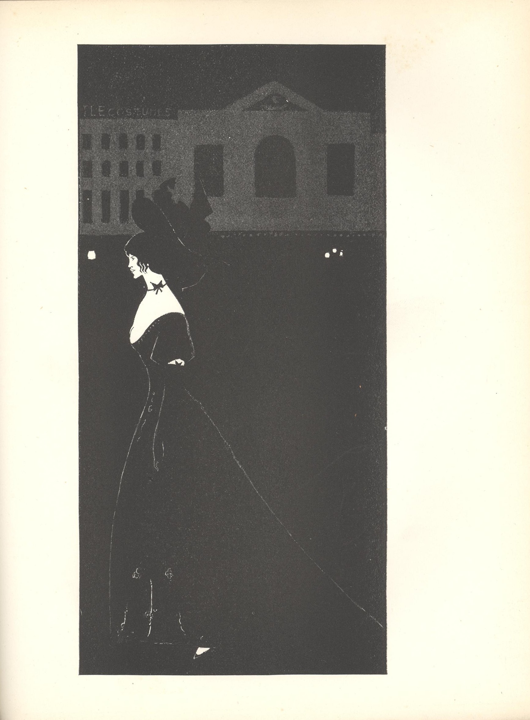 Image is of a night scene In extreme foreground a solitary full length woman is shown in profile wearing a black evening gown with a bow around her throat and her hair in a coif walking toward the left corner In the background of the upper section there is the suggestion of an architectural façade and lights This façade has three large windows in a row on the right side and fifteen smaller windows in rows of five on the left side There is an attached sign that reads Costumes The image is displayed vertically