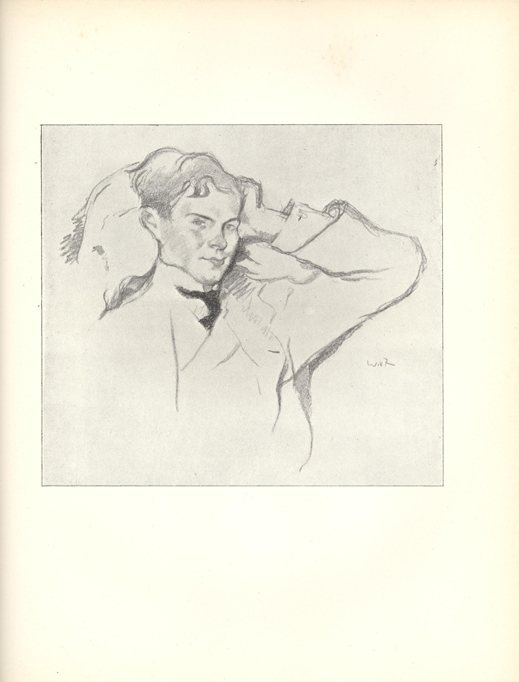 Image is a sketch of a young man the background is open white His head is leaning against a pillow in a 3 4 profile with his body slightly left of centre The pillow and his torso take up most of the space on the left half of the image His left arm is raised up to rest on his temple taking up the right side of the frame He is wearing a suit and tie Artist s name is on the middle right side of image under the man s arm The image is vertically displayed