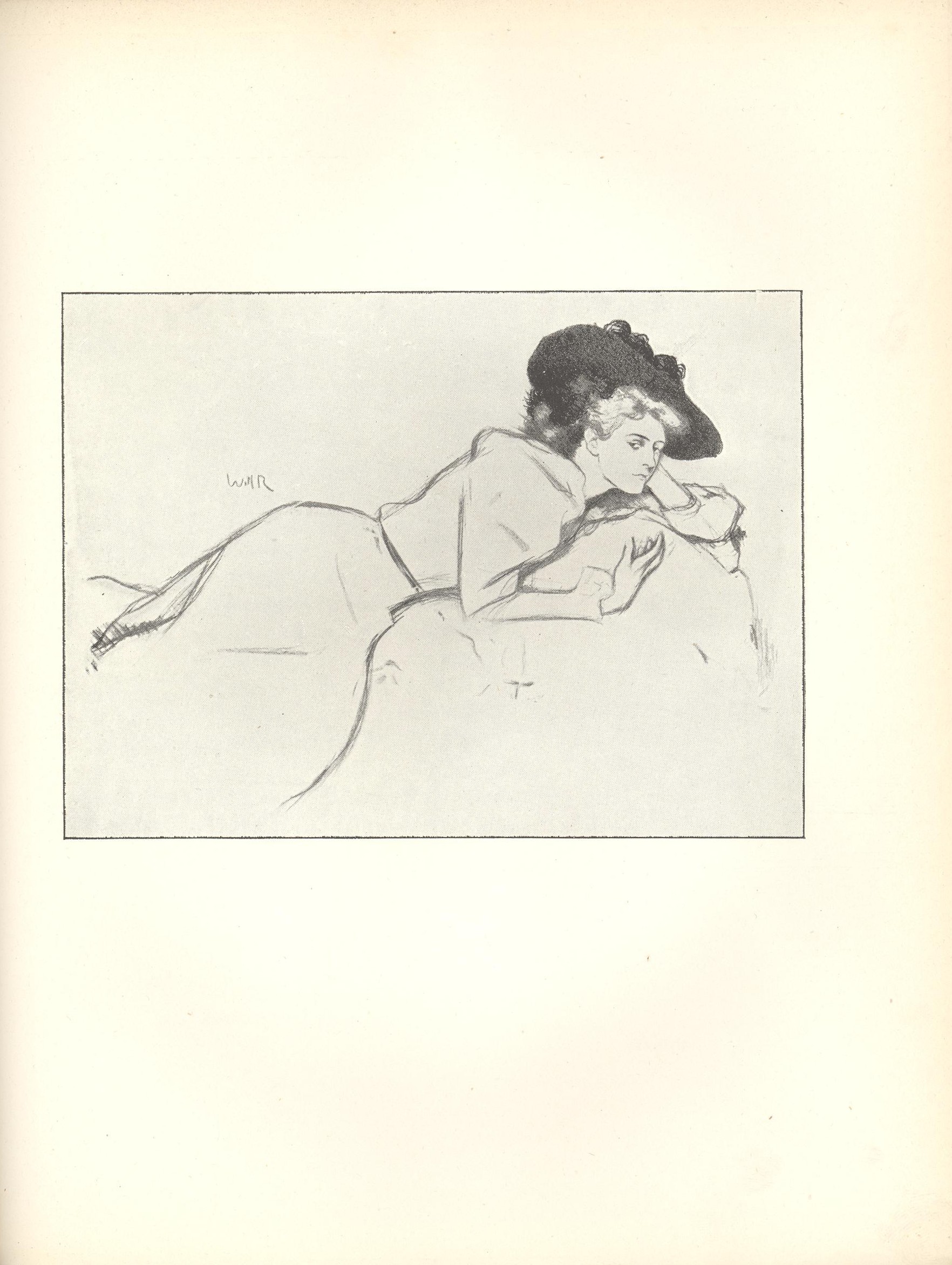 mage is of a young woman in a skirt and blouse with a large black hat reclining frontally on a pillow She is in a 3 4 profile position with eyes looking to the left Her body extends from the lower left corner to the upper right corner dividing the page in half diagonally Her head is supported in her left hand her eyes are looking back Her right hand is resting against the pillow fingers splayed The background is open and light coloured The artist s signature is in the middle left portion of page above the woman s hip The image is vertically displayed