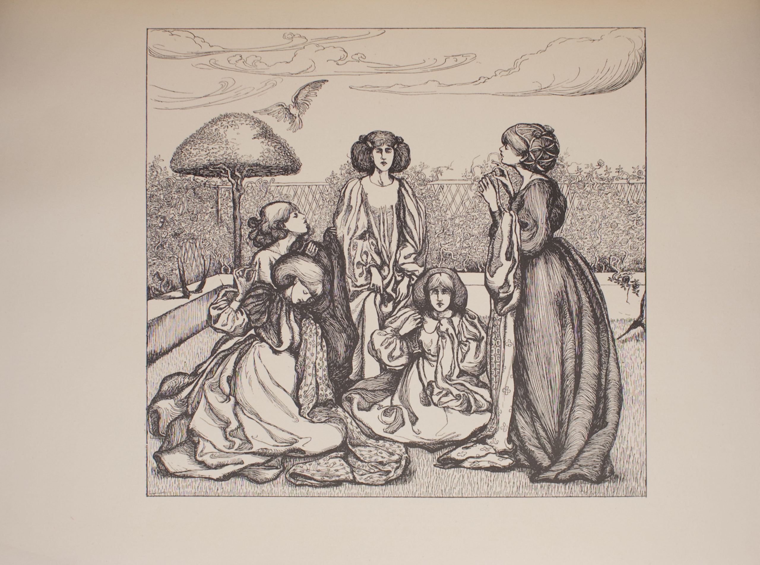 Image is of five women in a yard All of the women are wearing dresses with a high neckline and long sleeves They all have voluminous hair The woman in the centre is standing and shown in full profile She is holding her skirt below the waist Her hair is parted down the middle The woman to her right is sitting on the ground she is also shown in full profile Her right hand is raised halfway between her face and her body her left hand is also raised though it is hidden under an article of clothing Her hair is also parted down the middle Shadows fall slightly over her eyes Beside her is a woman standing in profile Her dress is dark with a patterned petticoat Her dark hair is done up and secured by a snood She is lifting her head slightly Her left and right hands are raised up toward her chest in her right hand is a sewing needle Across from her are two kneeling women shown in profile The woman in the foreground has shoulder-length hair and has her head tilted toward the ground Her right hand is raised and has a sewing needle and thread in it Her left hand is clutching some patterned fabric on which she is stitching Behind her is a woman with curly hair with her head tilted upward She is holding a dark fabric in her hands In the background is a low wall and a trellis with roses growing on it There is a tree with a slender trunk and a triangular-shaped canopy in the left background of the image There is a bird flying above it The sky is cloudy The image is horizontally displayed
