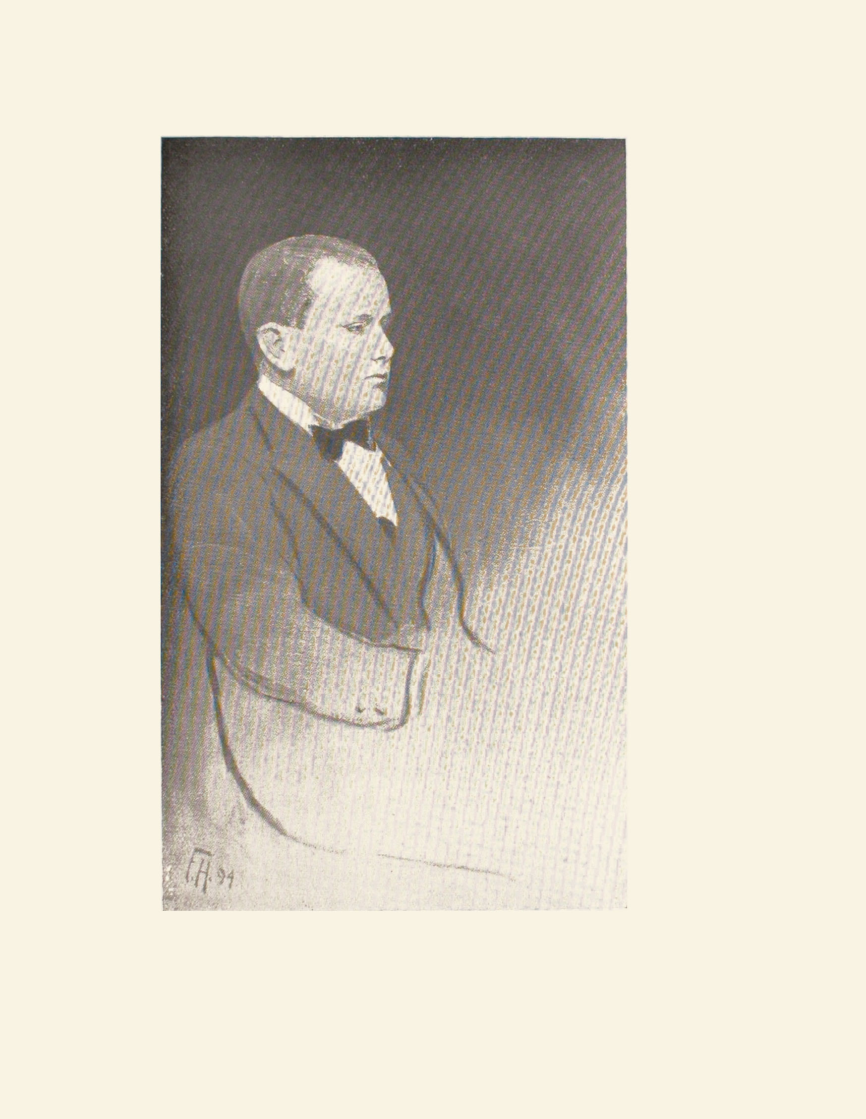 Image is of a man shown in profile He is sitting down looking right He has short light coloured hair He is wearing a suit with a dark bowtie The artist s initials and the year of the picture F H 94 are in the bottom left hand corner The background is dark and undefined The image is vertically displayed