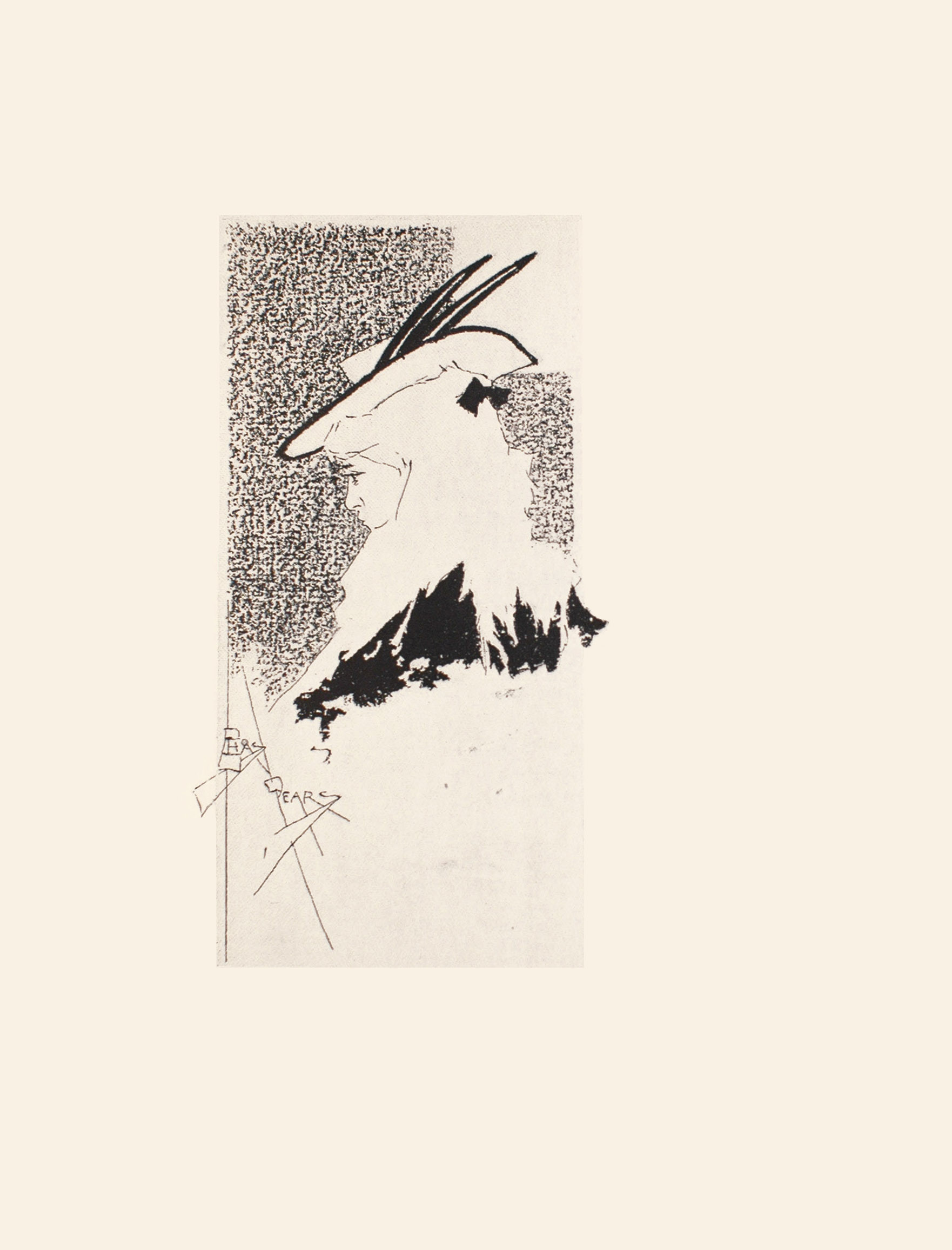 Image is of a woman shown in profile Her light coloured hair flows down her back and shoulders She is wearing a small black bow in her hair She has a light coloured hat with dark feathers on it There is a suggestion of the window to the upper right of the woman The artist s signature is in the lower left The image is vertically displayed