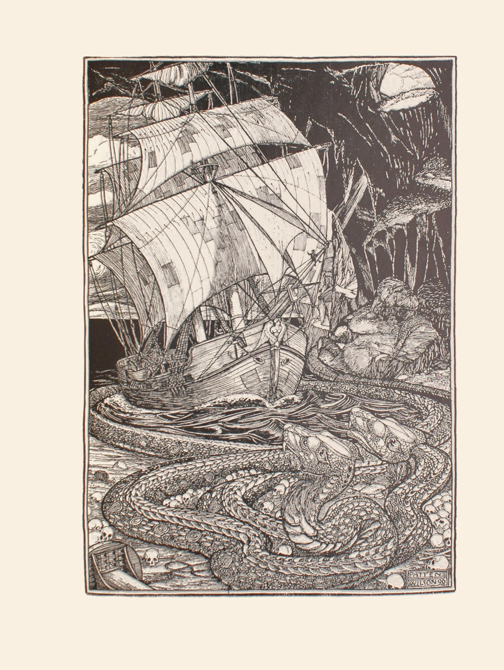 The image is of a tall wooden ship sailing in human skull infested dark waters surrounded by three snake like creatures or serpents The ship is in a dark cave with stalactites hanging from the ceiling. In the upper right corner of the image there is a small opening that depicts a light sky clouds and sunshine streaming into the cave There is also a large opening behind the ship where the sky and clouds are also seen The ship s sails are light coloured and patched with dark coloured rectangular pieces of cloth There is a dark human figure sitting high up on the ship s bowsprit The figure s right hand is raised There is a lighter human figure shown from the chest up on the upper deck of the ship His right arm is pointed towards the starboard side of the ship and he is wearing light coloured clothing and a cap on his head The ship s anchor is raised and the figurehead is of a nude angel with wings The snake like creatures have scaled bodies and are encircling the ship and the water it floats upon Two of the snakes are facing the ship in the lower right hand side of the image They are lying on the skull covered shore mouths slightly open with fangs protruding There is a third snake lying on a raised section of the shore in the mid ground facing the ship with its mouth open tongue hanging out of the left side and fangs protruding The image is displayed vertically