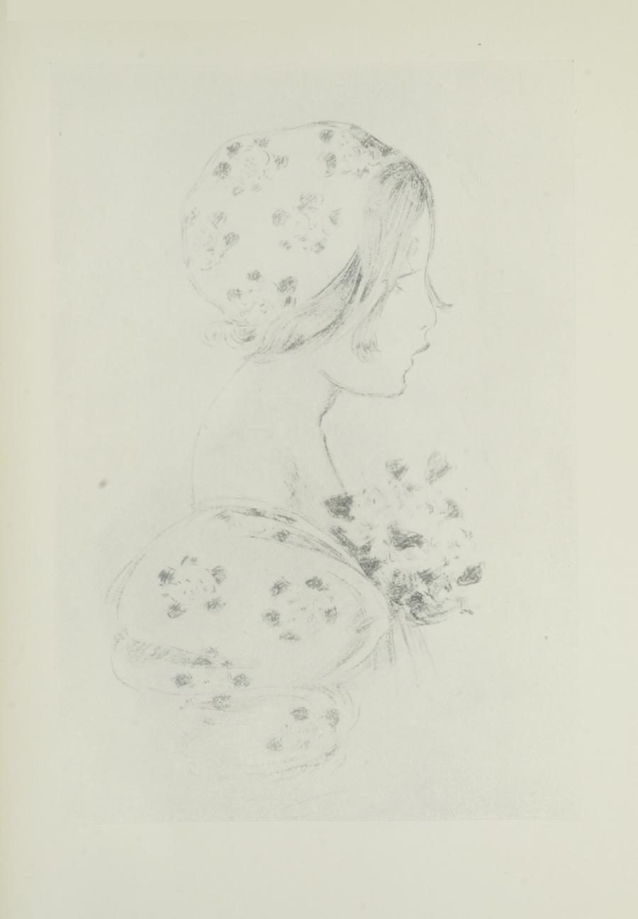 Image is of a woman or a young girl in profile from the shoulders up She has long eyelashes and light coloured hair a couple of strands poke out from under her floral patterned cap Her dress has the same flower pattern with puffed sleeves She is holding a bouquet of flowers against her chest The image is vertically displayed
