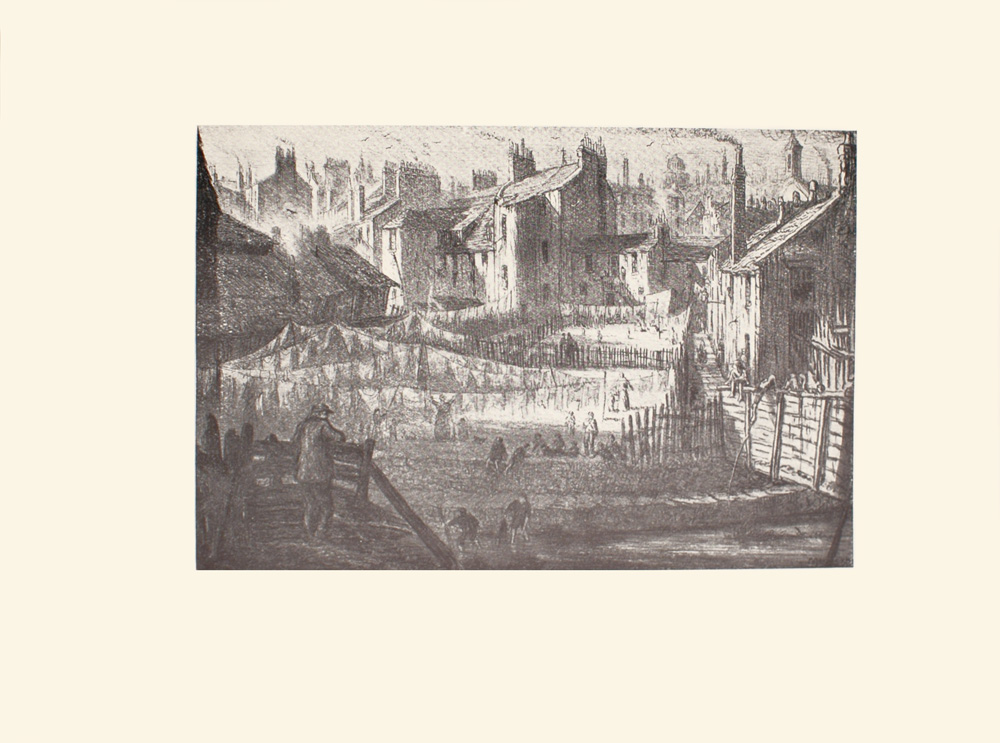Image is of a town square near a river In the left foreground is a man with a hat leaning against a fence Below him are two figures with pant legs rolled up in the river The figure on the right has something in his her hand. To the right of the figures is a bridge with a figure sitting on it In the middle ground are many clotheslines with clothes on them There is a woman adding something to the clothesline and another woman to her left beating a rug There are several other unidentifiable figures to the right of the woman The background has many buildings with smoking chimneys The image is horizontally displayed