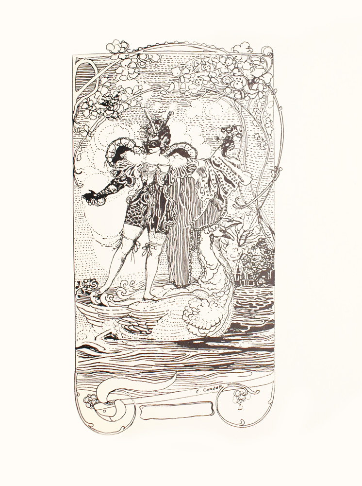 Image is of a woman She is wearing an ornate one piece costume and is standing on two swimming swans Her costume is cut off at the thigh and is long sleeved ending in black gloves The costume has two large round wing like designs that protrude slightly from the woman s back Her left arm is covered in a long billowy white sleeve of patterned material and she is holding what appears to be a small bouquet in her left hand She is looking to her right and is wearing a dark mask that covers her eyes Her hair is in an up do and there is a large decorative hat on her head The two white swans are swimming to the right in a body of water There are house like structures and trees in the far background The upper section of the image has long vines with outlines of flowers along the vines There are small clouds in the background The bottom of the image has the transcription C CONDER in the lower right corner The image is vertically displayed