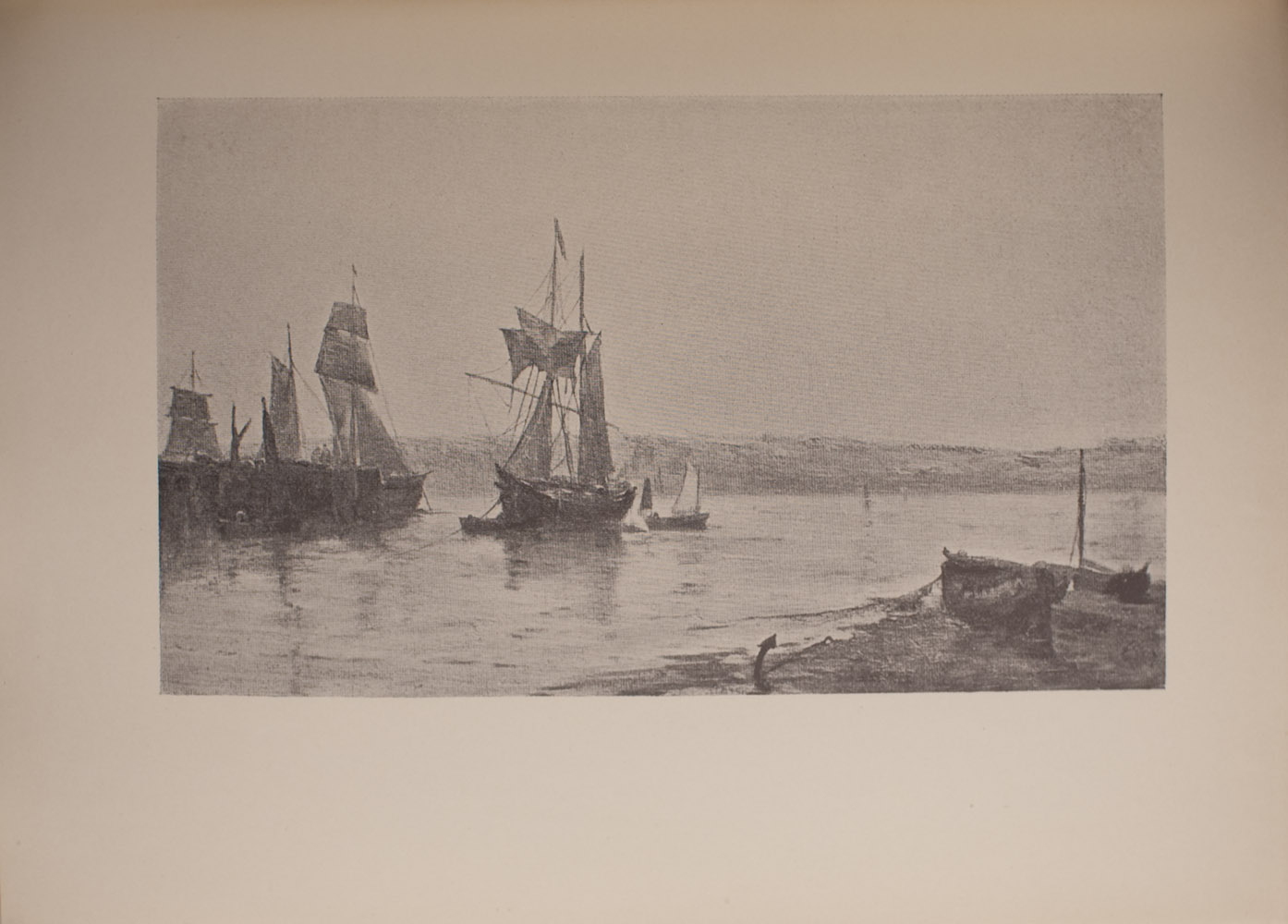 The image is of a waterside scene In the left middle ground are three large anchored boats with sails Immediately to the right of the larger boats is a small boat with sails In the right foreground there are two small boats with no sails anchored to the shoreline In the background another shoreline is visible The image is horizontally displayed