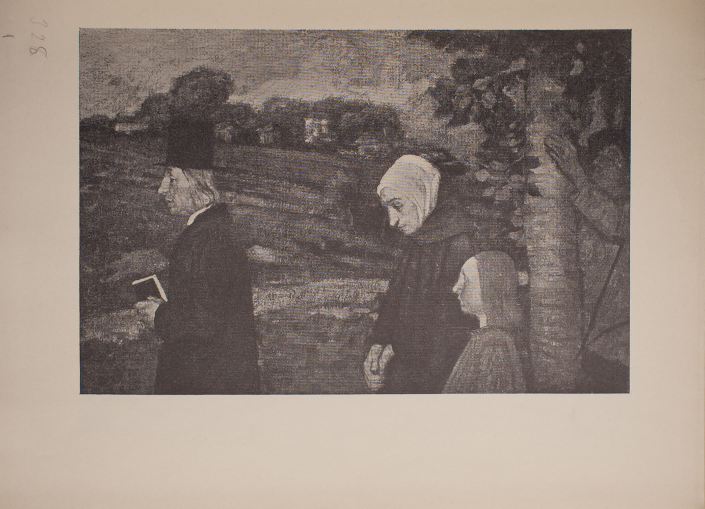 The image is of four standing figures The figure on the far left of the image is a light haired man in a top hat dark coat and white collar He is holding a book in his left hand He is in profile facing left To the right of him is a woman wearing a light coloured head covering hiding her hair She is also wearing a dark coloured hooded cloak Her hands are folded in front of her down by her waist She is in profile facing left Her head is slightly bowed and her gaze is cast downwards Beside and slightly to the right of the woman is a child of indeterminate gender The child has shoulder length hair The child is in profile facing left and its gaze is to the left Only the top half of the childs body is visible To the right of the man woman and child is a tree There is a man behind and slightly to the right of the tree His left hand is resting on the tree trunk He is wearing a light coloured shirt and a hat and his gaze is upwards In the middle ground there is a field or valley and in the background there are buildings The image is horizontally displayed