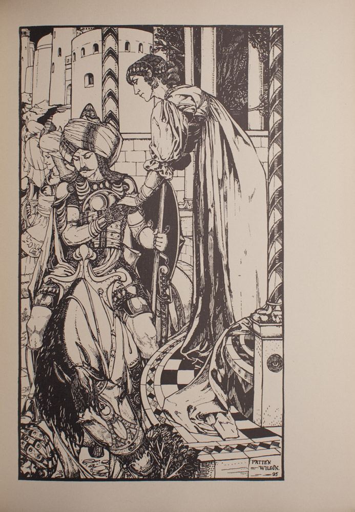 The image is of a turbaned man on horseback holding the hands of a standing woman The man on horseback is wearing elaborate armour and has a moustache He is holding both the woman s hands in his right hand while his left holds a shield His eyes are cast downwards and to the left The standing woman is located to the right of the man She stands on a raised checker patterned step surrounded by patterned columns which elevates her slightly above the man She is bending over slightly towards the man She wears a long gown with puffed sleeves earrings and decorative accessories in her hair In the foreground the horse is eating a tuft of grass and to the left of the horse is a man wearing a turban In the background there are several buildings and three men with turbans The image is vertically displayed