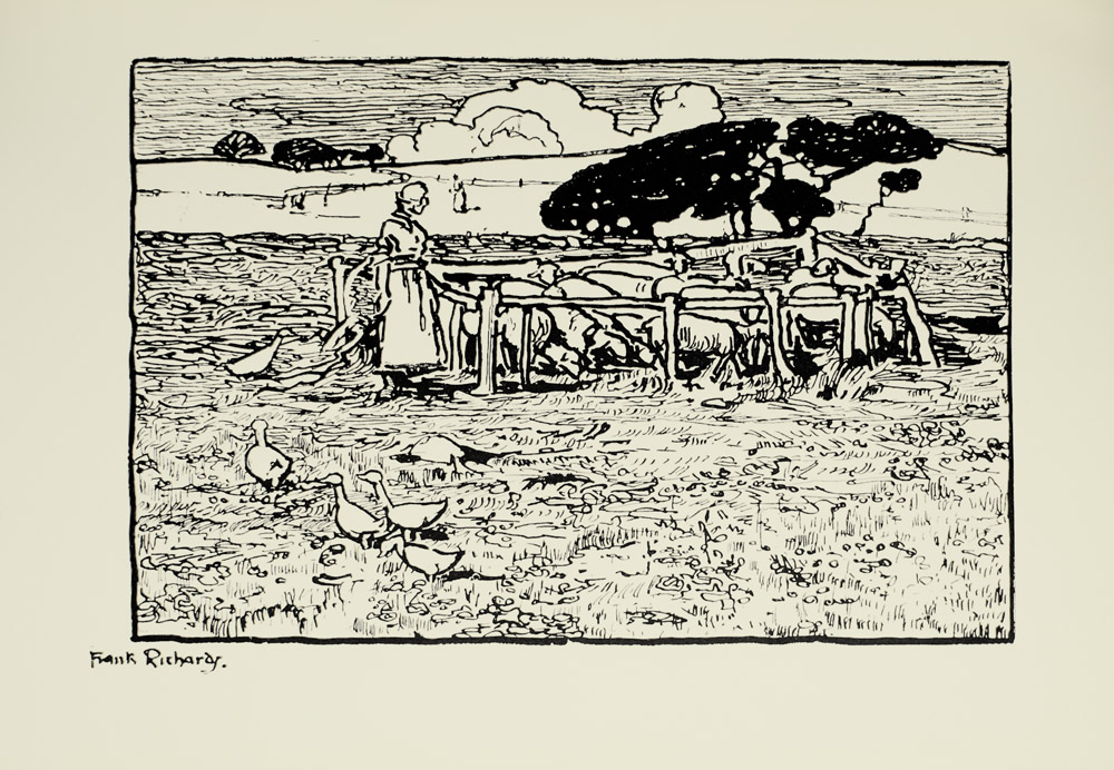 Image is of a woman looking over a pen of sheep She is shown in profile standing to the left of the wooden pen Both her dress and her hair are light coloured To the right and behind the pen is a cluster of low wide trees On the left side of the image there are four ducks or geese in the foreground walking towards the woman A single duck or goose can be seen to the left of the woman In the background there are rolling hills fences and trees A female figure can be seen in the distance The sky is cloudy A thick black line frames the image The artists signature Frank Richards is below the line in the left corner The image is horizontally displayed