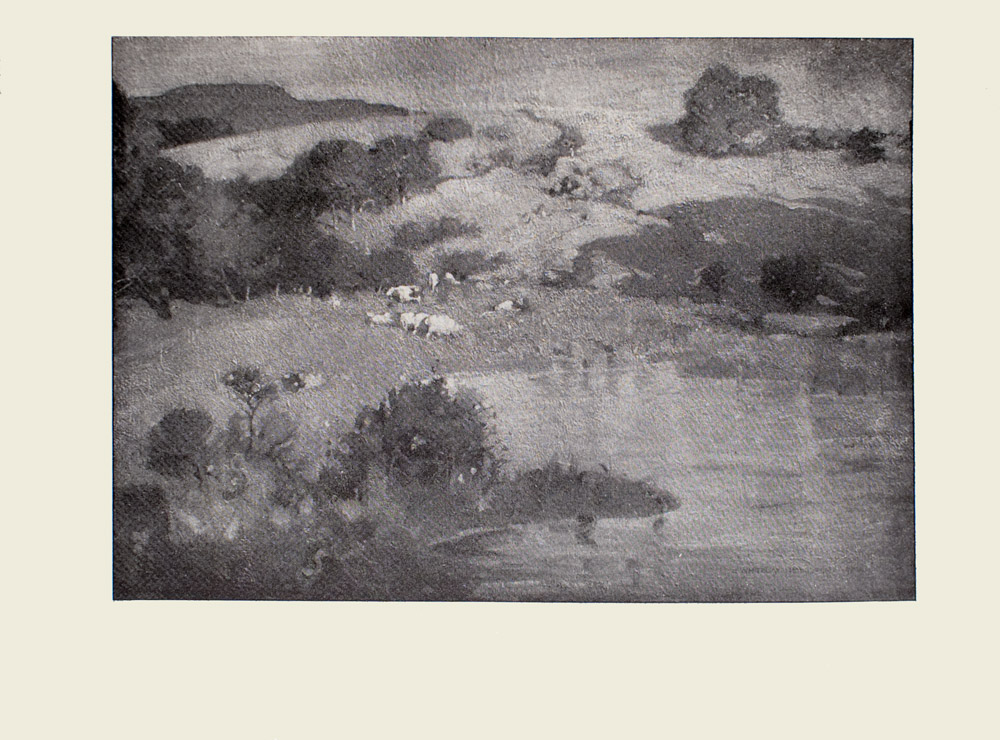 Image is of a country landscape In the foreground there is a body of water with a cluster of trees growing to the left of it In the middle ground there are several cows; some grazing In the background are trees and rolling hills The sky is clear and light coloured The image is horizontally displayed