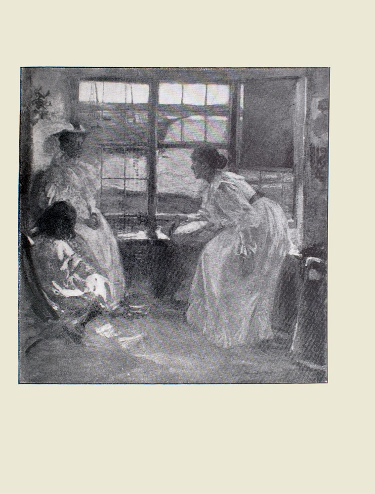 Image is of two women and a young girl sitting in a window seat On the right side of the image there is a woman leaning over the window seat She is wearing a long sleeved white dress with a ribbon around the waist the dress has a ruffled neckline and sleeves She is shown in profile looking towards the women on the left side of the image The taller woman is sitting with hands clasped looking towards the leaning woman She is wearing an ornate hat and a dress with a ruffled neckline Sitting on the ground to the right of this woman is a young girl The girl is shown from behind The seat divides the image in half horizontally There are three windows above the window seat a sash is pulled halfway down on the rightmost one Water and a two masted sailboat can be seen through the windows The sails are unfurled The image is vertically displayed