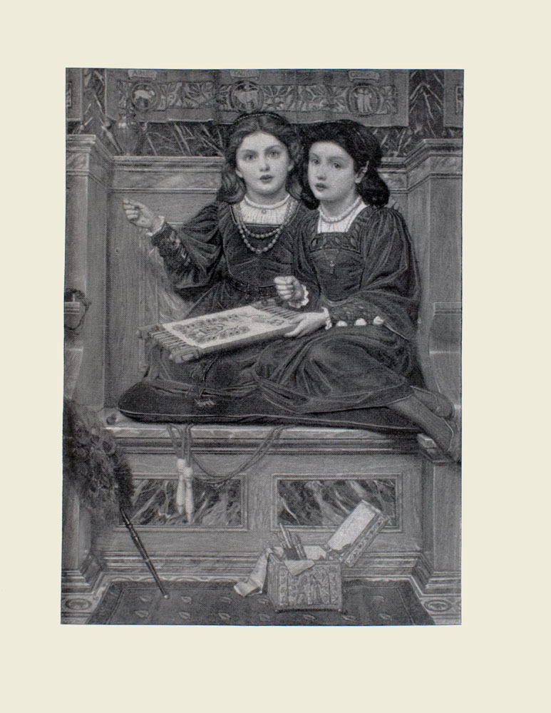 Image is of two girls Hermia and Helena from William Shakespeares A Midsummer Nights Dream sitting on a bench indoors Both girls are wearing identical expressions and looking straight ahead They each have dark hair secured by a hair band Both girls are wearing dark dresses with detailing around the sleeves The girl on the right is wearing a necklace with a cross she has needlework in her left hand In her right hand is a needle Her knees are tucked up toward her poking out from the hemline of her dress The girl on the left is holding a needle in her right hand as well She is wearing a double string of beads around her neck Wood panelling takes up much of the background Just above the wood panelling immediately behind the girls is a tapestry with the name and picture of three star signs Aries Taurus and Gemini The girls are sitting on a cushioned bench Underneath this cushion is a skipping rope with wooden handles A small box is ajar on the patterned carpet in front of the bench a pair of scissors and some fabric poke out Propped up against the wall is a dark feather duster The image is vertically displayed