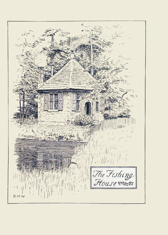 Image is of a cottage with peaked roof in the woods Two of its sides are visible the joint where the walls meet divides the image in half vertically All of the windows have shutters and lattice windows The largest of these windows looks out onto a body of water On the adjoining wall is a wall with two windows a door with a rounded archway separates the two windows A bush is growing to the left of the door Tall trees dot the ground behind the building In the extreme foreground is a grassy shore that extends from the middle right portion to the lower left portion of the image In the bottom right hand corner is a black double ruled box that has the words The Fishing House in cursive The artists initials E H N are in the bottom left corner The image is vertically displayed