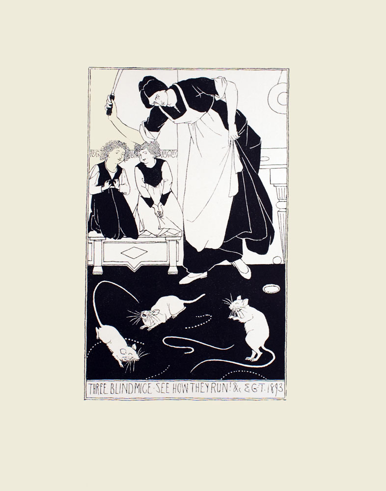 Image is of a dark haired woman chasing three mice She is in the middle ground hunched over and looking downward at the mice Her right hand is raised she is holding a carving knife over her head Her left hand is grasping her apron and dress lifting them slightly off the ground She is wearing dark clothing with a white apron To the left of the women are two children with light coloured hair sitting on a bench The child on the left is wearing dark attire with a light coloured shirt underneath while the child on the right is wearing primarily light coloured clothing with a black chest and cuffs In the foregound are the three mice One has its tail chopped off it is sitting on the floor in front of him The tailless mouse is lying on all four feet with its nose raised toward the ceiling The mouse on the right of the image is standing on its hind legs the left mouse is running Both these mice have their eyes closed The inscription at the bottom of the image reads THREE BLIND MICE SEE HOW THEY RUN c The author’s initials E G T are at the lower right corner along with the year of production 1893 The image is vertically displayed The image is double ruled with black lines