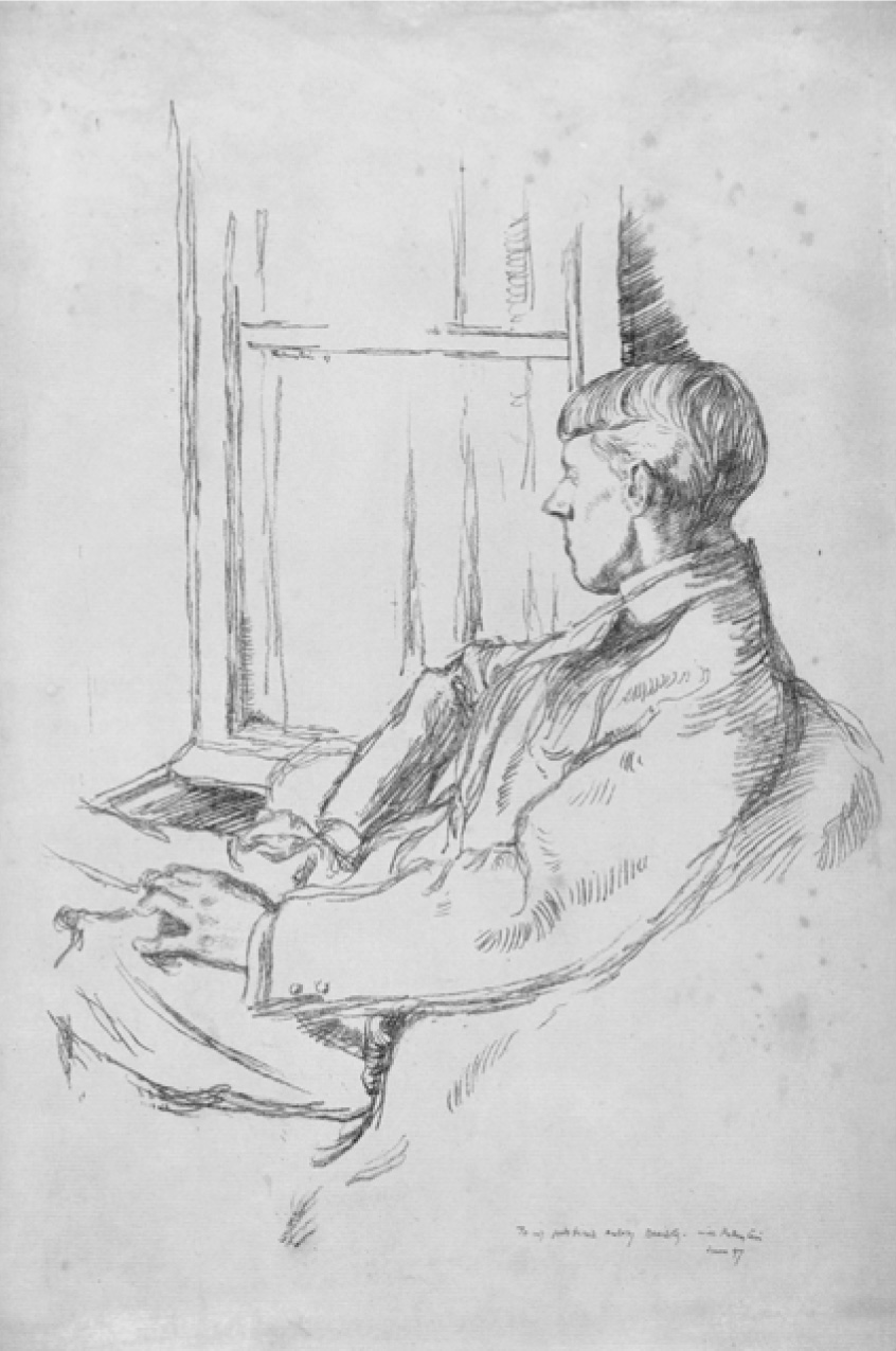 A young Aubrey Beardsley is seated with his left leg crossed gazing out a window. The left profile of his face is in view. He is dressed in a suit jacket and seated in an armchair with an open book faced down on the window sill.