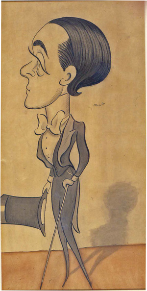 Image is of a young Max Beerbohm in formal dress with slicked back hair. He is shown in profile looking to the left. His left hand is holding a top hat and his right hand is holding a walking stick. He is casting a light shadow on the wall, which is beige in colour.