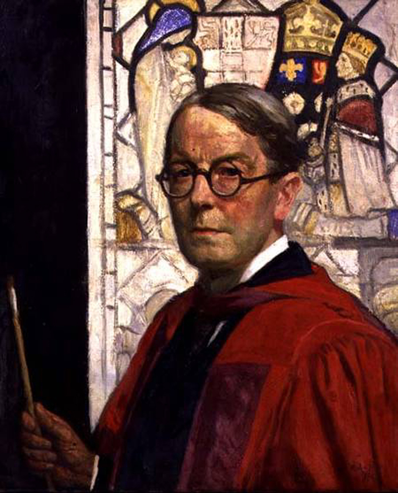 The painting shows a three quarter, torso view of Anning Bell facing left. He is dressed in red ceremonial robes with round glasses. In his hand he holds a paint brush. He is pictured in front of a stained glass window which contributes to the glowing quality of the oil painting.