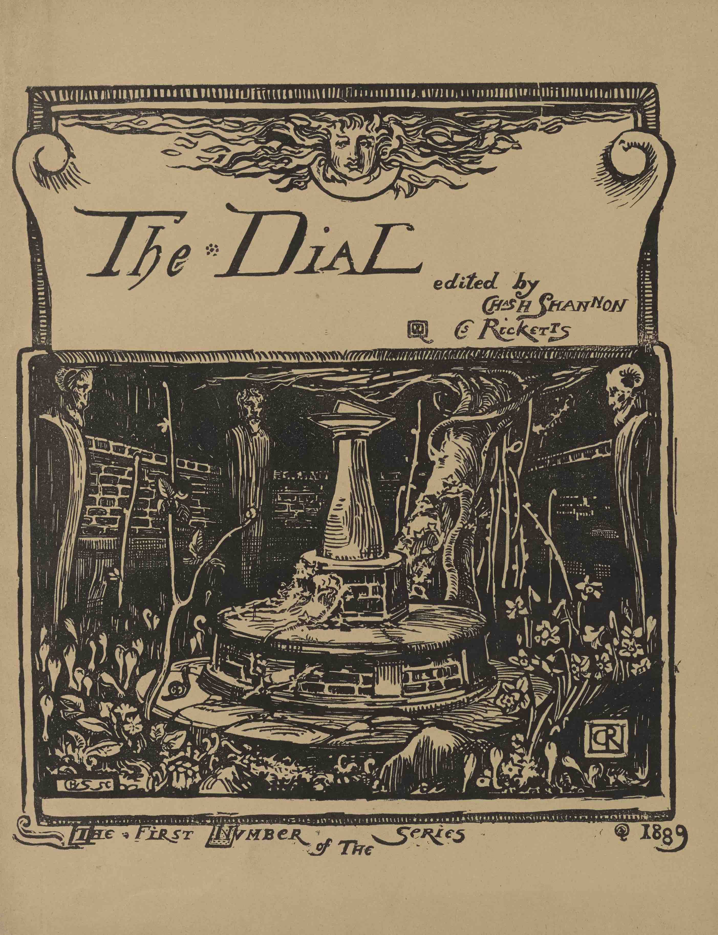 front cover of the Dial with a woodcut image of a fountain overgrown                        with plants