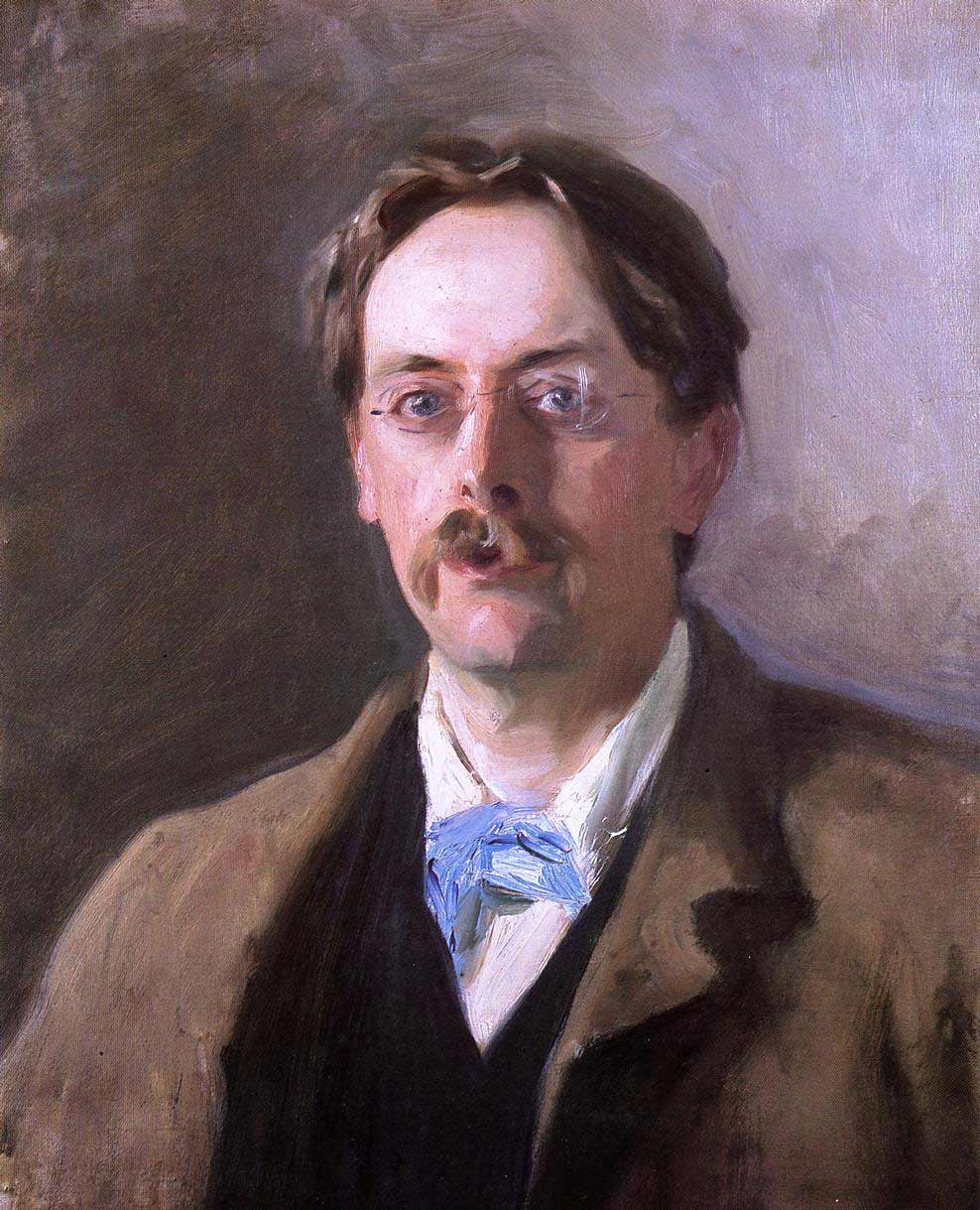 Colour image is of Edmund Gosse’s upper torso and head and his gaze is directed at the viewer. He is wearing glasses and a dark brown overcoat on a black shirt on a white collared shirt. He has a light-blue necktie hanging to his right.