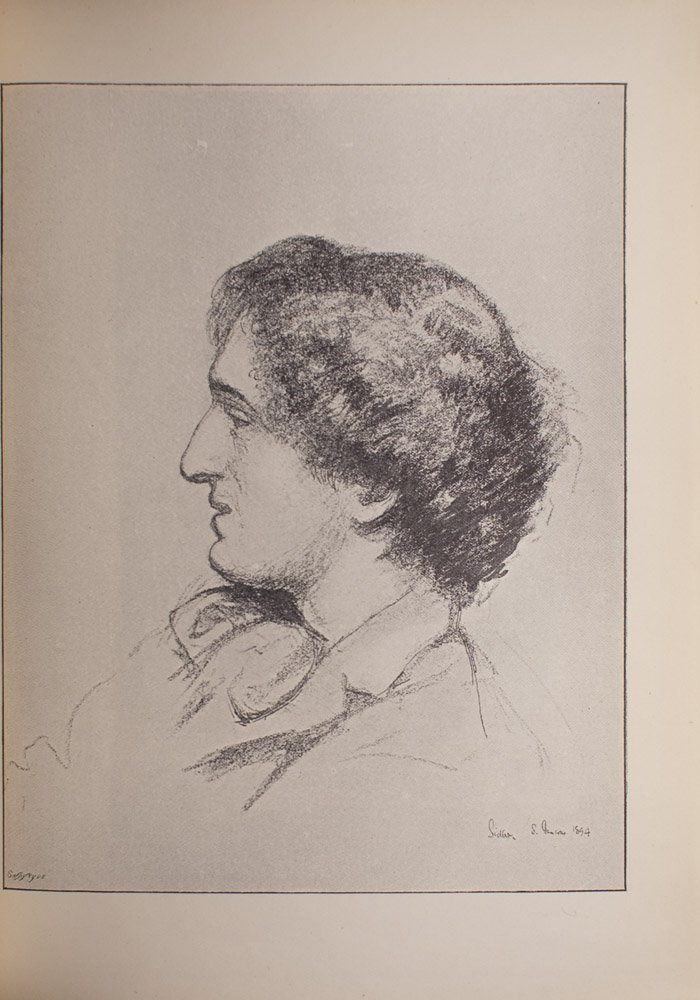 This drawing of Richard Le Gallienne shows him in profile from the shoulders up, facing the left side of the image. The level of detail lessens further down, but a coat lapel and part of a ribbon tie are visible.