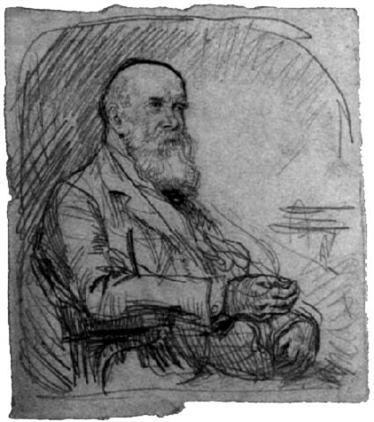 Image is of John Trivett Nettleship sitting on a chair. He is shown from the waist up. He is wearing a suit and tie. His body is in profile, facing right. He is shown in ¾ face. He is balding with hair remaining on both sides of his temple; he also has a long, bushy beard and a moustache. His right arm is resting on the arm of the chair; it is held in a loose fist. His left hand is resting on his leg. The background is undefined. The image is vertically displayed.
